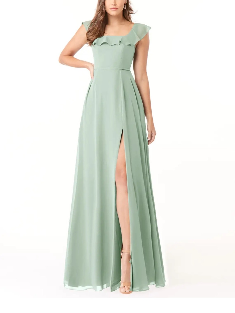 Azazie Sage Green Ruffle-Trim Maxi Dress
